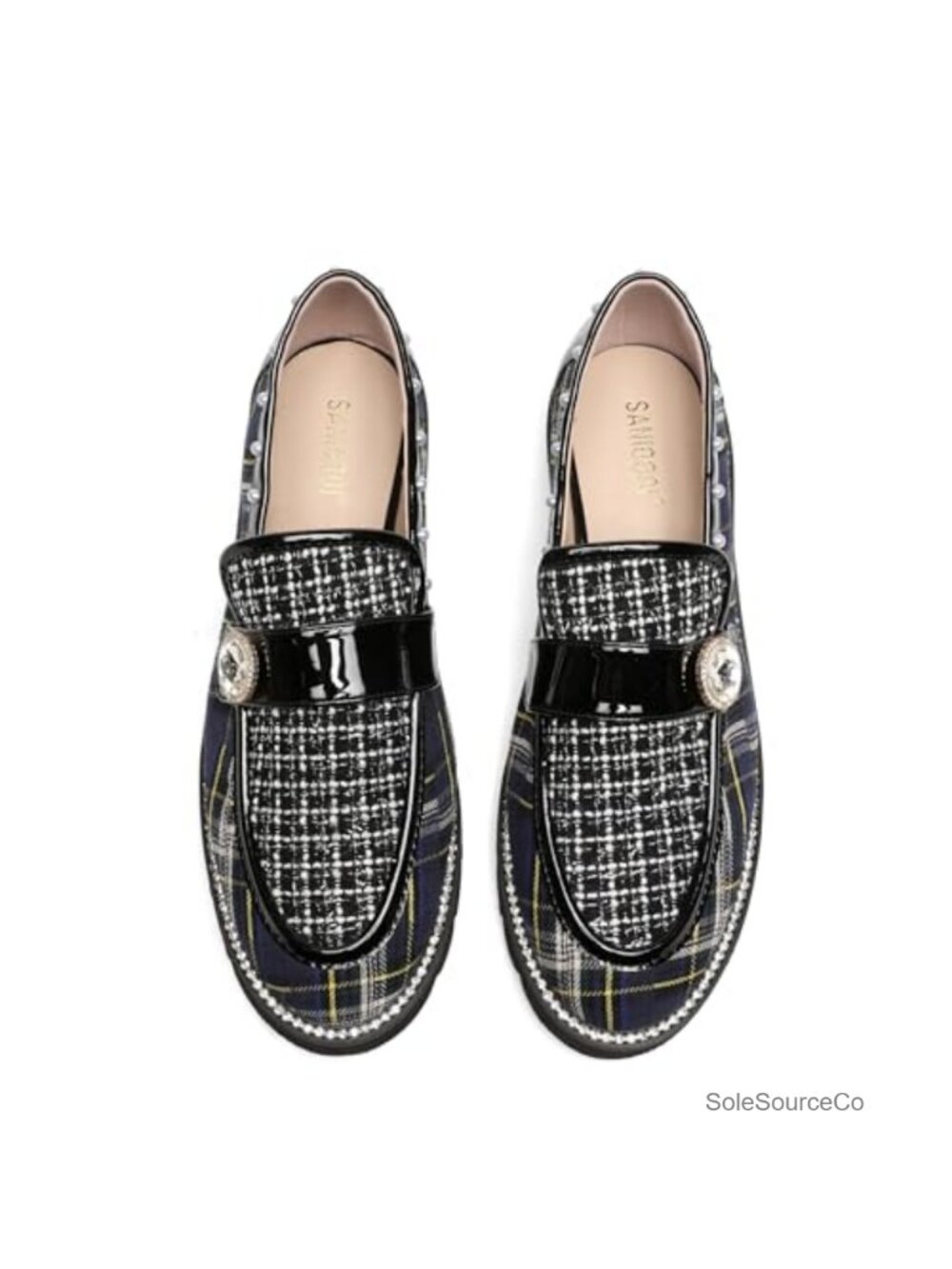 Women's Plaid Lug Sole Penny Loafers Pearl Rhinestone Low Heel Slip On